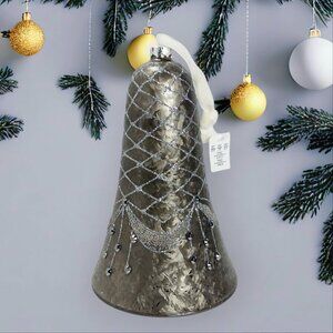 Dillards Glass Ornament Bell Shape Gray Silver Gems Glitter Large 6.5in Xmas NWT